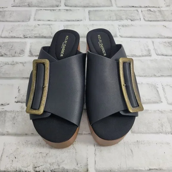NWOB Kelsi Dagger Brooklyn Dover Large Buckle Platform Slides Black Size 7 - Picture 4 of 7